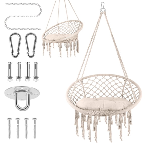 Light Beige Macrame Hanging Chair, 330 LBS Capacity Cotton Rope Swing Chair with Cushion for Parent-child Relaxation in Bedroom Nursery Balcony