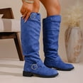 thumbnail image 4 of Dakaela Women's Knee High Boots Suede Buckles Slouchy Flat Fall Boots Comfortable Low Heel Motorcycle Riding Shoes Blue 8.5, 4 of 8