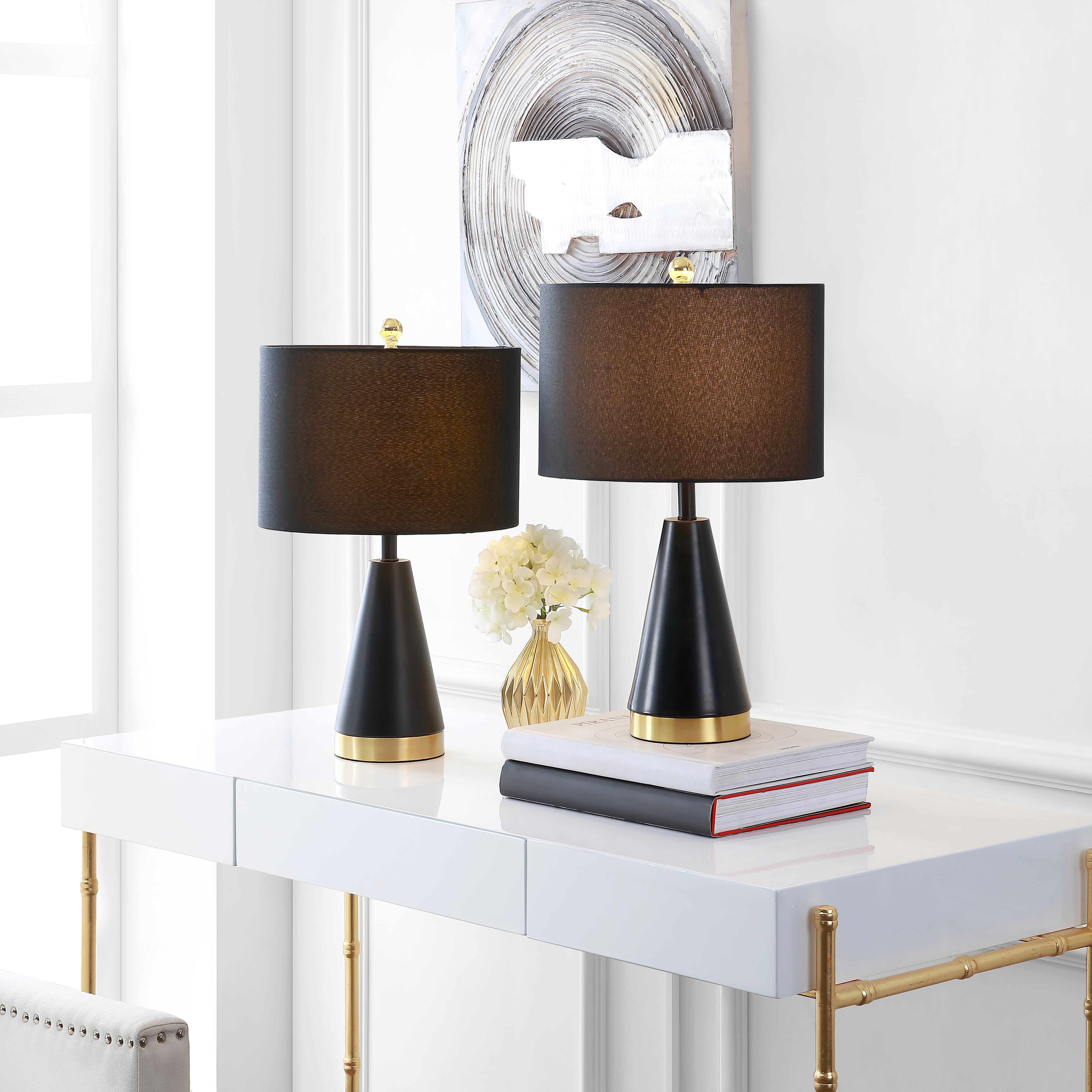 SAFAVIEH Penla 20 in. H Mid-Century Cone Table Lamp, Black/Brass Gold