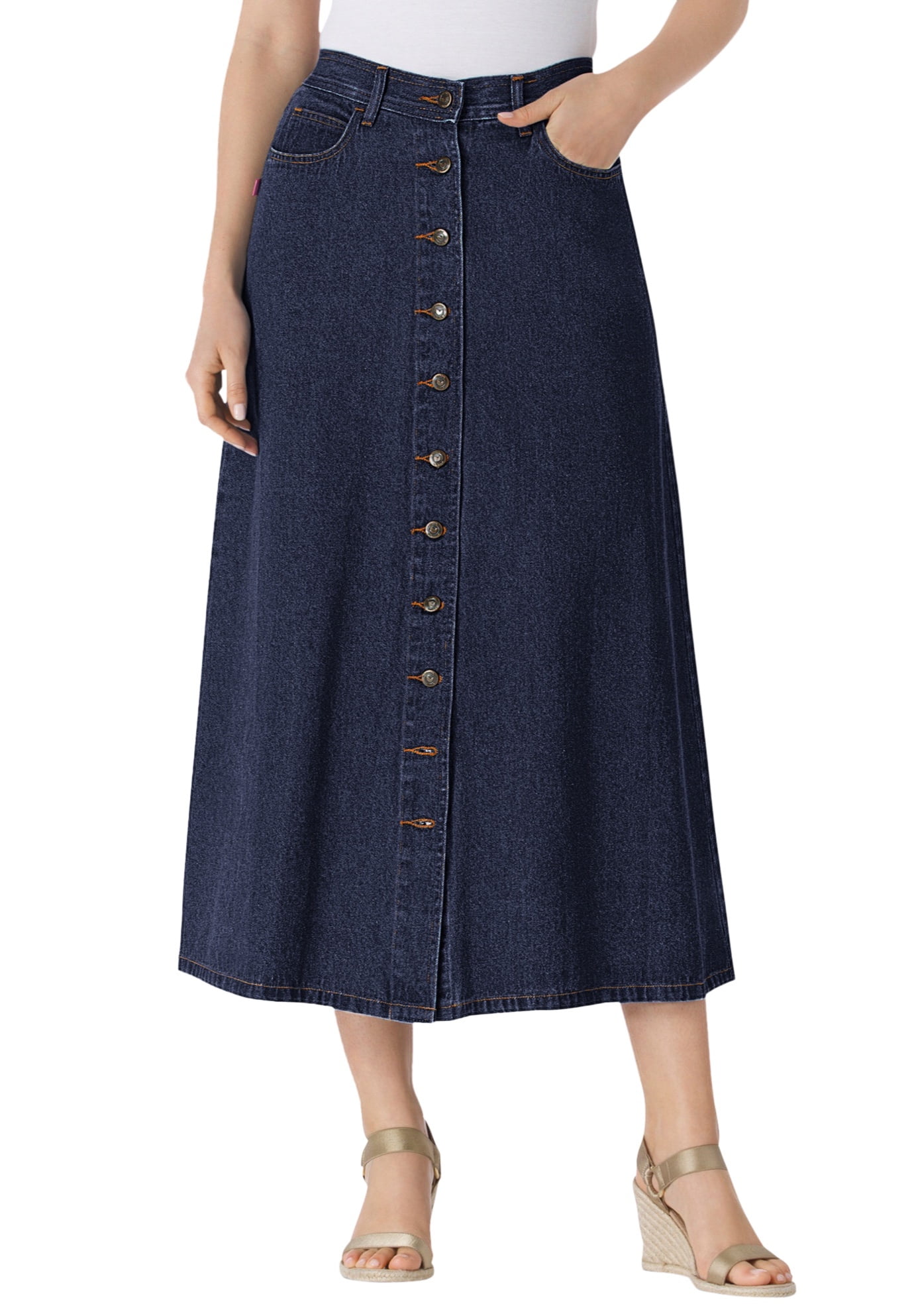 Plus size button front denim skirt online