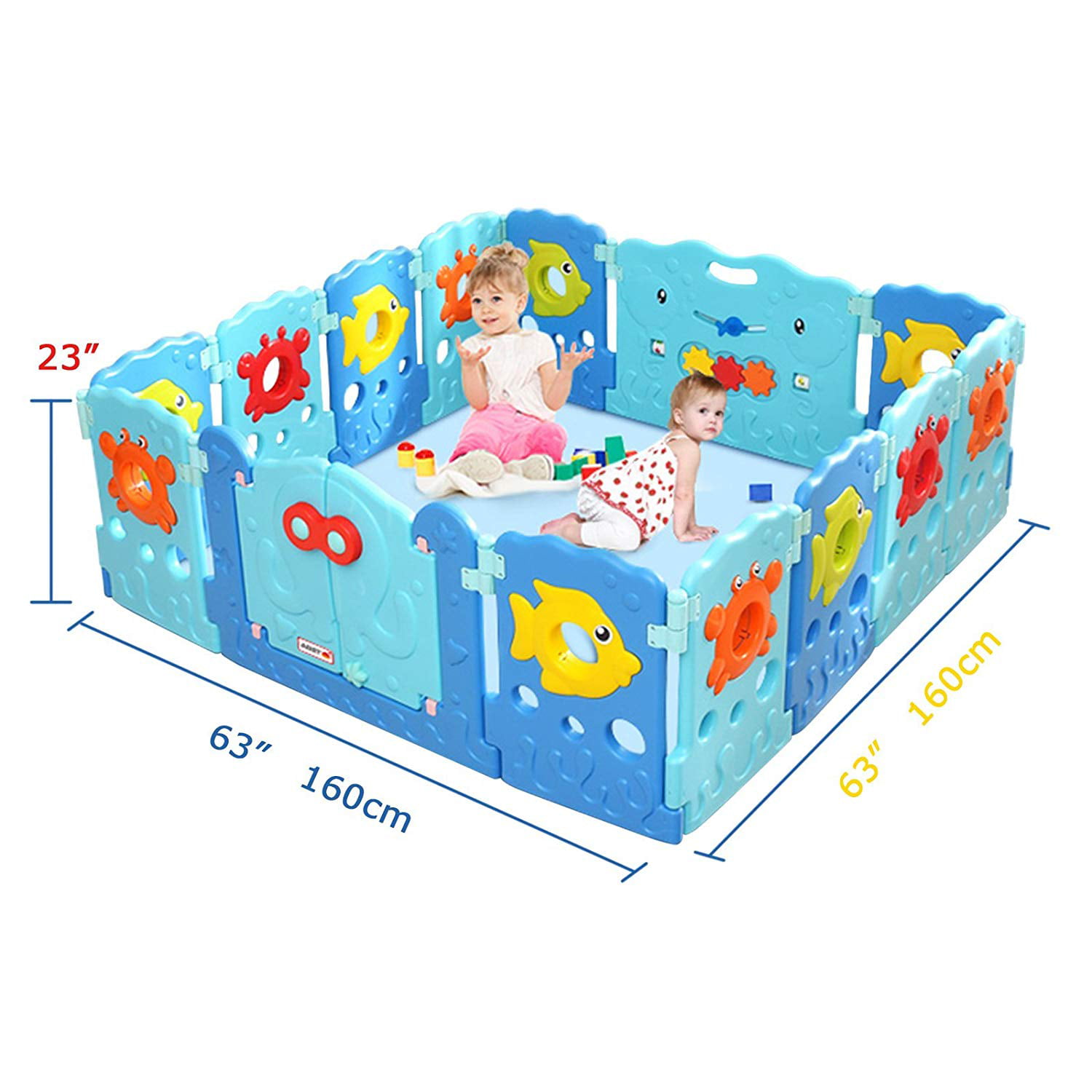 14 Panel Baby Playpen - Kids Safety Playard Activity Centre, Home Indoor  Outdoor - Sea World Theme