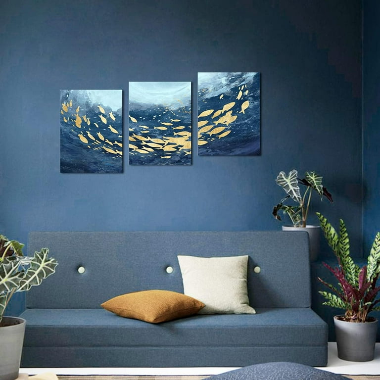 新品未使用　ウォールアート　４枚セット　マリン　ブルー ゴールド　海外インテリア Living Room Decor Wall Art - Navy Blue Abstract Ocean Fish