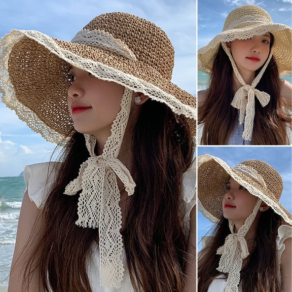 Eoperou Lace Trim Tied Up Round Dome Sun Hat Women Big Brim Floppy Straw Hat Fashion Accessories