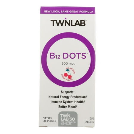Twinlab B12 Dots - Vegetarian Vitamin B12 Sublingual Natural Energy Pills - B12 Vitamins for Nerve & Brain Health, Energy Boost & More - Vitamin B 12 500 mcg, Cherry Flavor 250 Lozenges (Pack of 1)