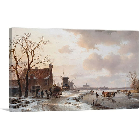 ARTCANVAS Winter Landscape With Horses On The Ice 1844 Canvas Art Print by Andreas Schelfhout - Size: 26" x 18" (0.75" Deep)