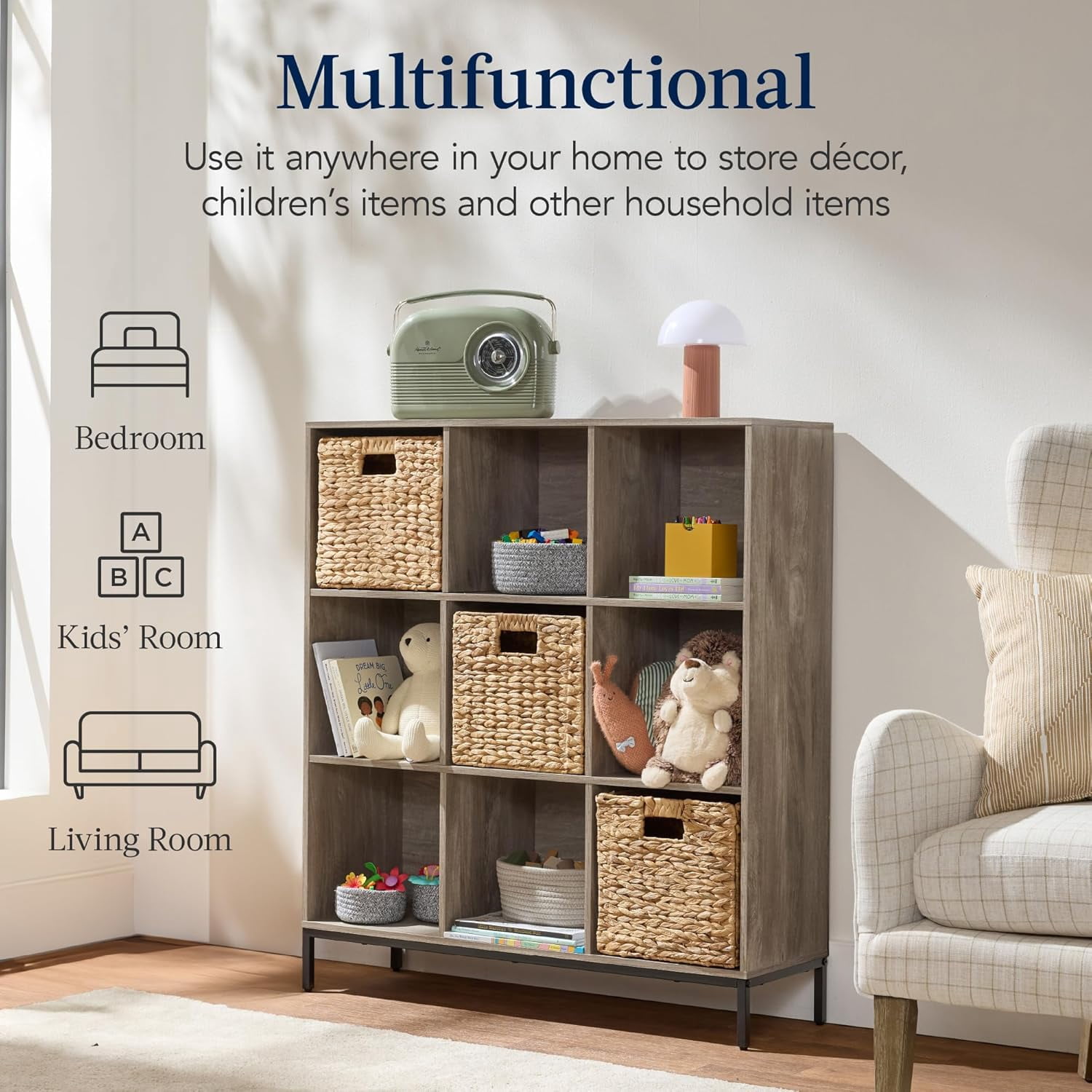 9-Cube Bookshelf, 3-Tier Wood Storage Bookcase W/Legs, 11in Shelf Opening, Cube Organizer, Living Room, Office, Nursery - Greige