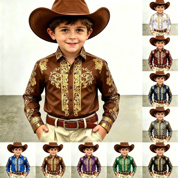 Boys Tshirts Lapel Cartoon Print Long Sleeve Button Down Denim Shirt for Holiday Boys' Tops Tees Shirts Black 4 Years-5 Years
