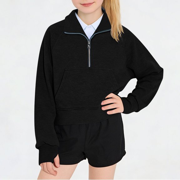 BRGZLK Kids Half Zip Sweatshirt Girls Long Sleeve Thumb Hole Pullover Tops Loose High Neck Fleece Crop Tops with Pocket Black 11-12 Years