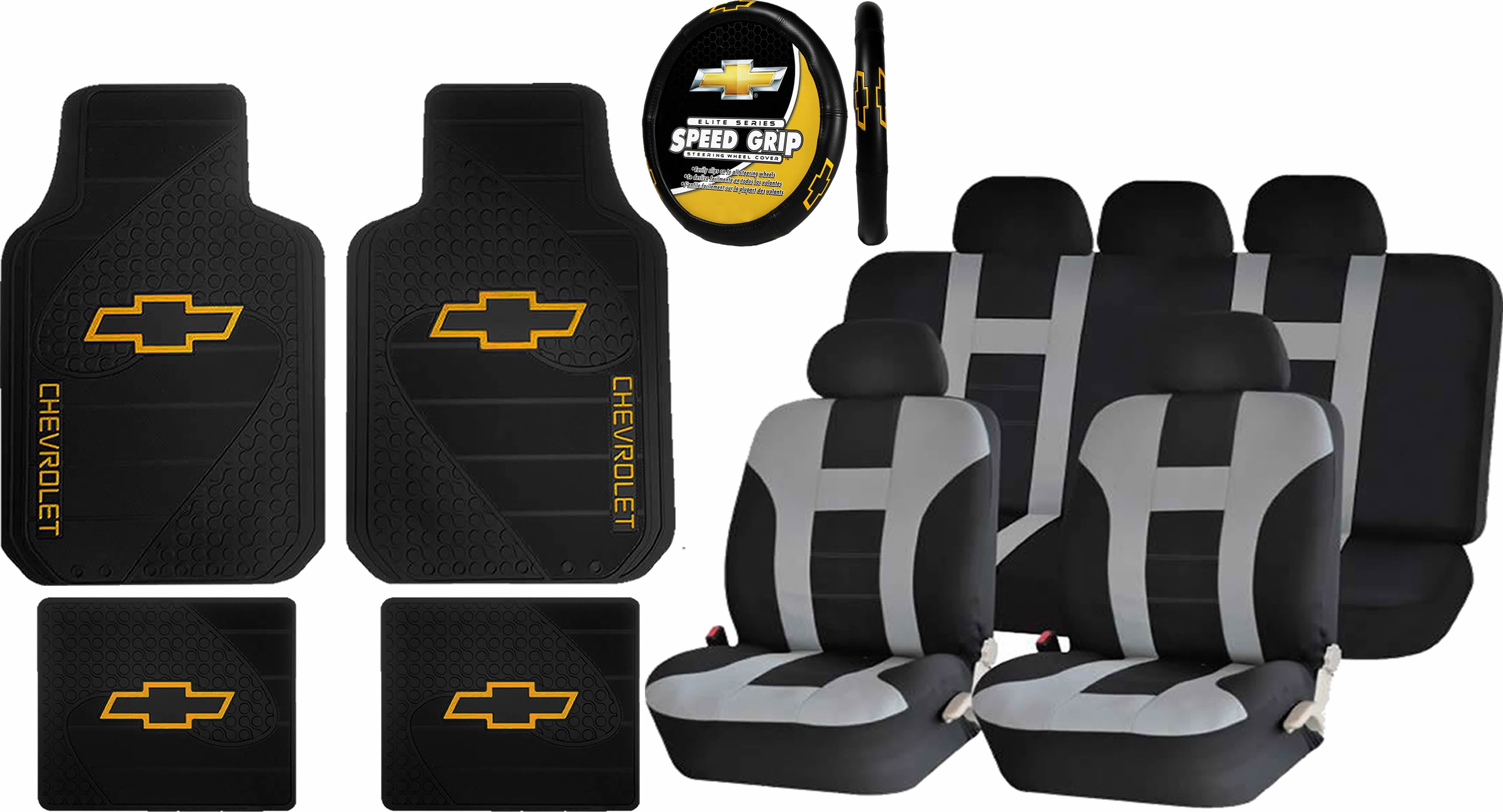 14PC Heavy Duty Rubber Front Rear Floor Mats Steering & Black/Gray Seat