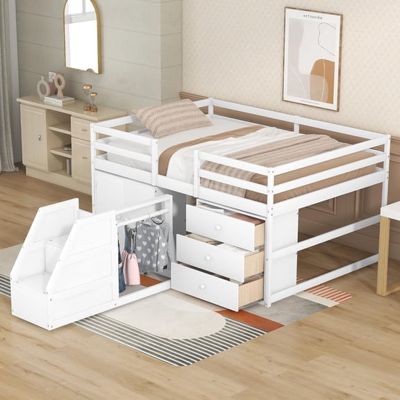 Full Size Lof Bed Wih Sairs Ad Sorage Drawers, Low Lof Bed Wih Cabies Ad Buil-I Hagig Rod, Wood Full Low Lof Bed Frame For Kids ees Boys Girls (Full, Whie)
