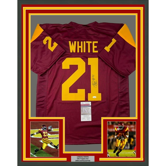 Framed Autographed/Signed LenDale White 35x39 USC Southen Cal Maroon College Football Jersey JSA COA