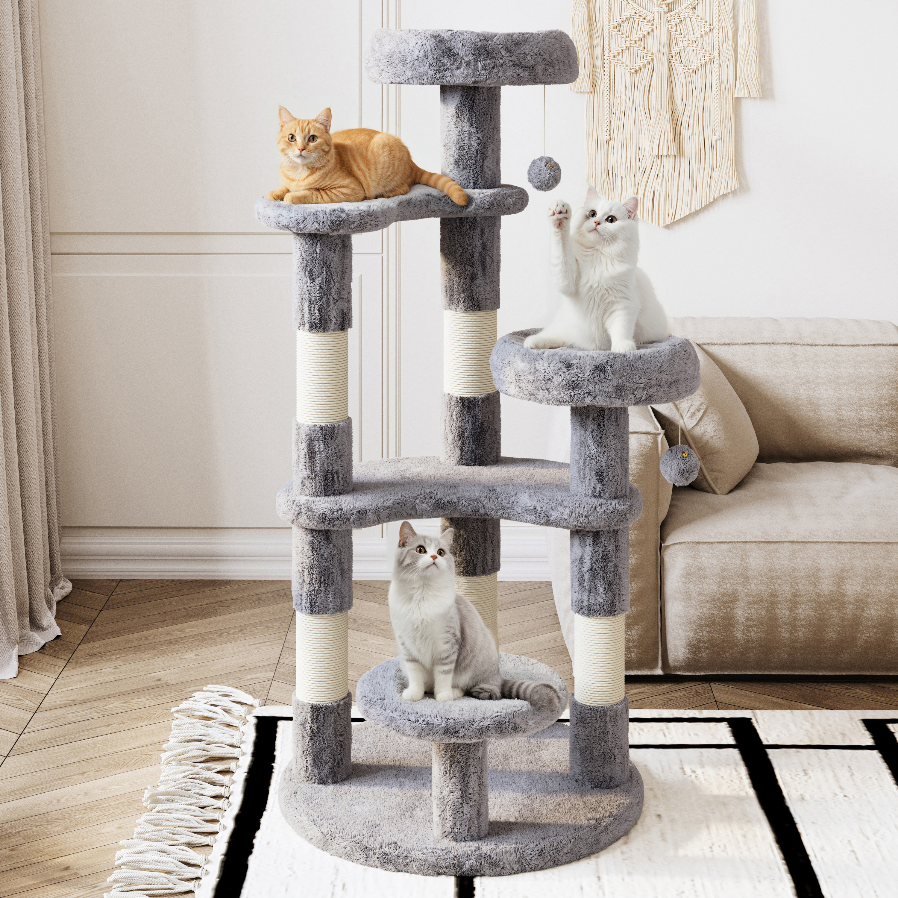 Amolife 55.5" Large Cat Tree and Tower with 5 Scratching Posts, Cat Perches for Indoor Cats and Kittens, Gray
