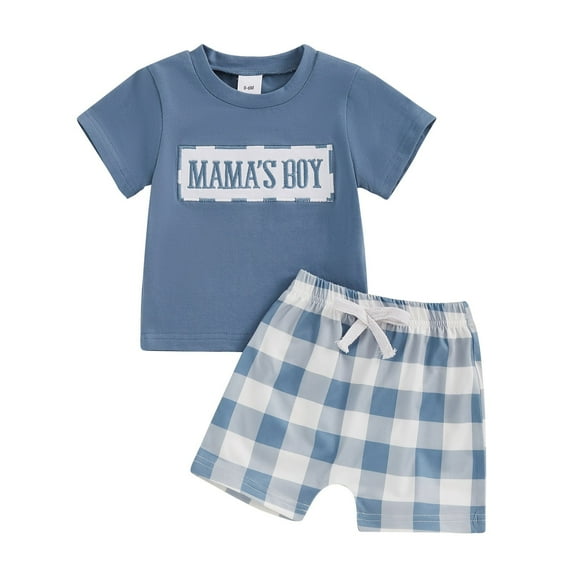 Landzoo One Baby Boy Summer Clothes Daddys/Mamas Boy Matching Outfit Short Sleeve Embroidery T Shirt Plaid Toddler Shorts Set Cute Casual Boy’s Homewaer 9-12 Months