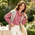thumbnail image 3 of Women's Comfy Plaid Blouse Ruffle Collar Long Sleeve Button Front Regular Fit Weekend Wear Shirt, 3 of 7
