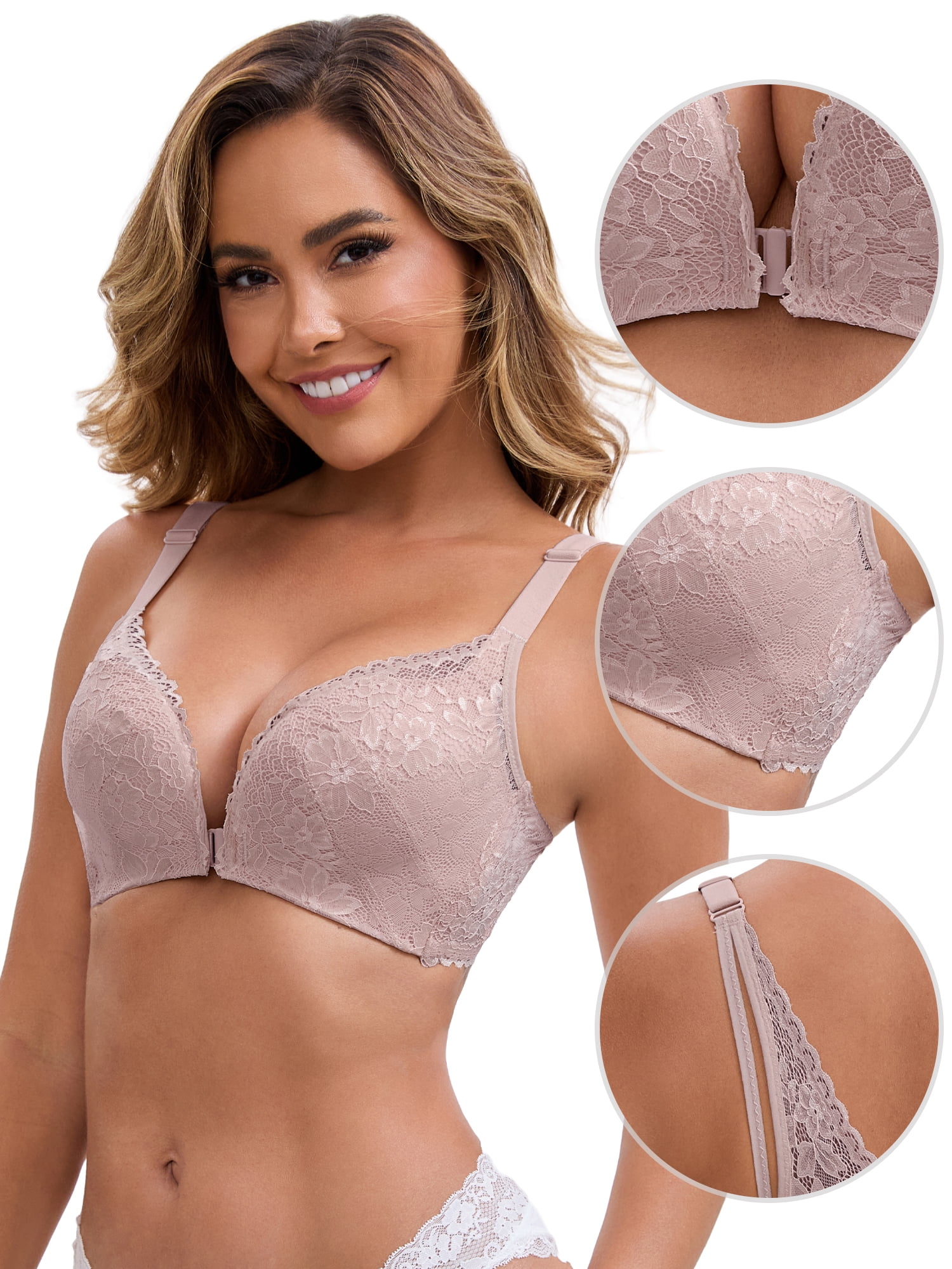 DARING DIVA Lace Front Closure Deep V-Neck Wirefree Bra 36B Pink