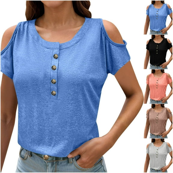 Summer Fashion Womens Shirts Plus Size New Round-neck Off-the-shoulderolid Color Button-down Casual Clearance Under 10$!