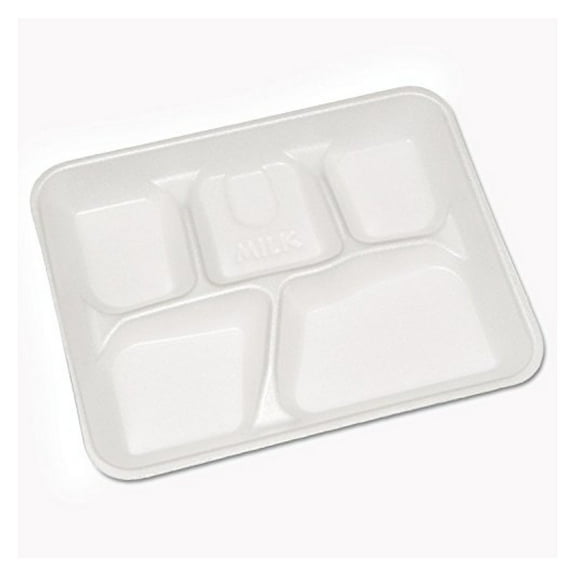 Foam School Trays - White 5-Compartment Trays (Case of 500) - 8.25 x 10.5 Inch - Economical Lightweight Food Trays for Cafeteria, Fast Food Service - Bend & Buckle Resistant