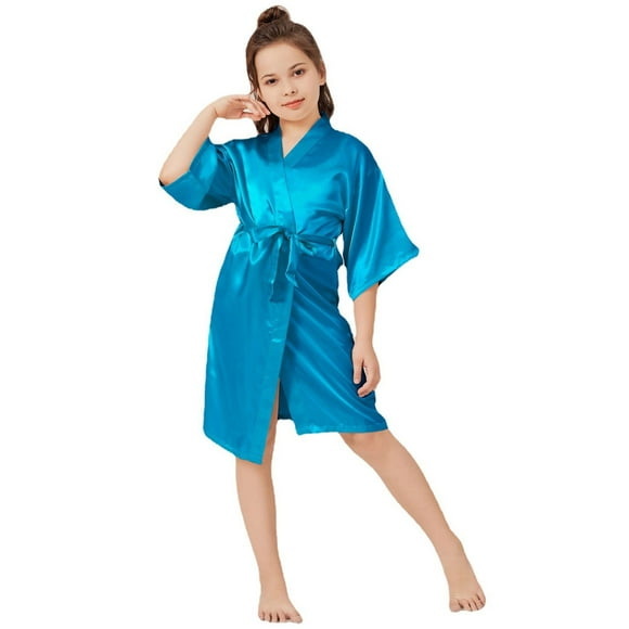 Ketyyh-chn99 Satin Pajamas for Girls Short Sleeve Girls Robes Kimono Birthday Kids Spa Party Wedding Bridal Party Flower Girl Robe Size for E,Sky Blue