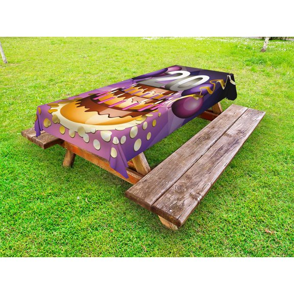 20th Birthday Outdoor Tablecloth, Cartoon Print of a Birthday Cake Golden Colored Frosting and Candles, Decorative Washable Fabric Picnic Tablecloth, 58 X 120 Inches, Purple and Lilac, by Ambesonne