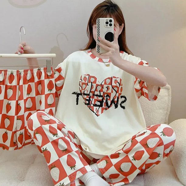 Conjunto de pijamas de dibujos animados de verano para mujer, pantalones largos de manga corta tipo algodón, ropa para el hogar de estilo lindo, traje de tres piezas, ropa de dormir