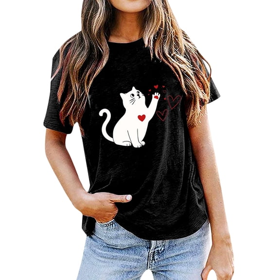 Bibifish Womens Tees Cute Cat Print Short Sleeve T-Shirts Soft Comfy Graphic Crew Neck Tees Summer Daily Simple Style Everyday Wear Tees
