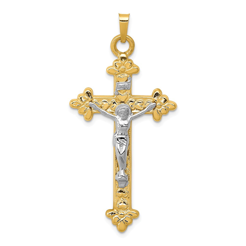 14K Yellow White Gold Crucifix Cross Pendant Dia Cut INRI Jesus Necklace Charm 