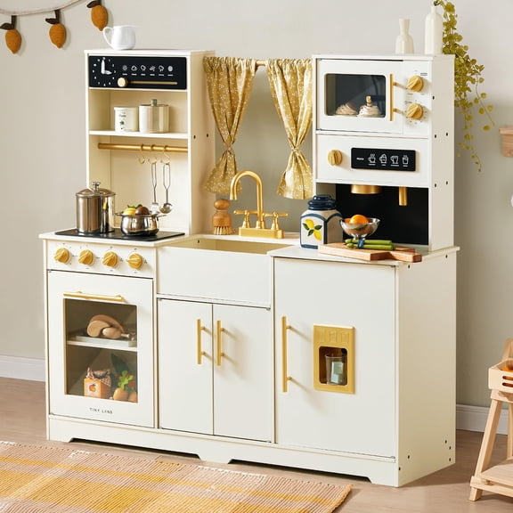 Tiny Land Wooden Play Kitchen for Kids, Modern Toy Kitchen Set with Ice Maker, Coffee Maker, Microwave, Storage & Sink, Pretend Play Kitchen Gift for Boys Girls Ages 3