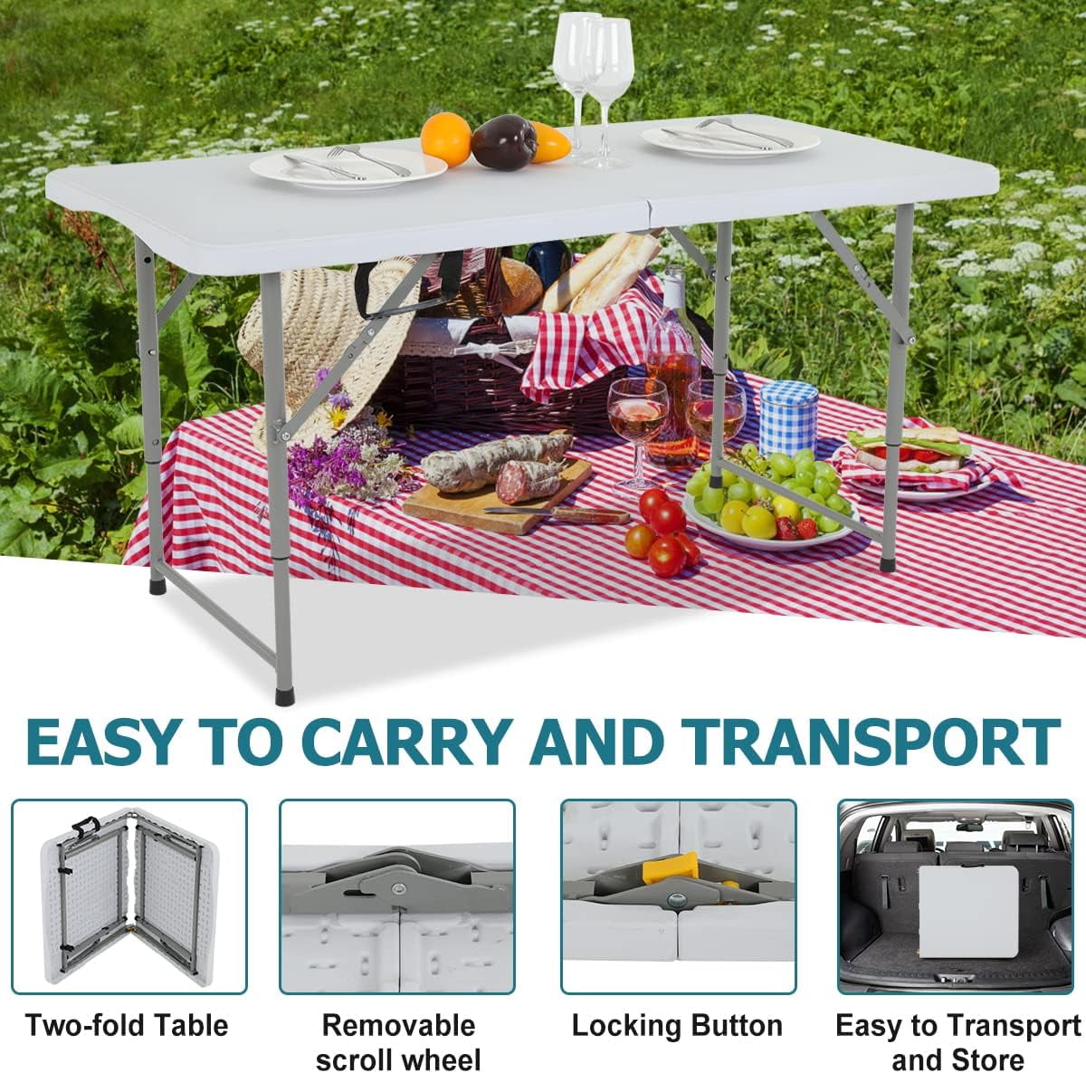 Dkelincs 4ft Folding Table Adjustable Height Picnic Camping Table Plastic Portable Table with Handle, White