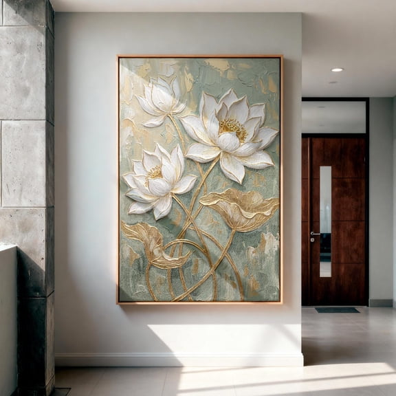 White Lotus Flower Canvas Art Sage Green Floral Wall Decor Japandi Gold Botanical