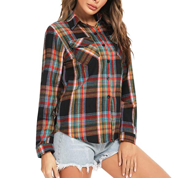 DondPO Jackets For Women Plaid Shirts For Women Long Sleeve Button Down Christmas Fall Jacket Plaid Shirts For Women Flannel Jacket Women Black 2XL Clearance！
