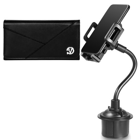 BUNDLE: Professional Vegan Leather Vertical Smartphone Holster Wallet (Black) and Universal up Holder Car Mount with Long Adjustable arm with 360 degrees rotatable design