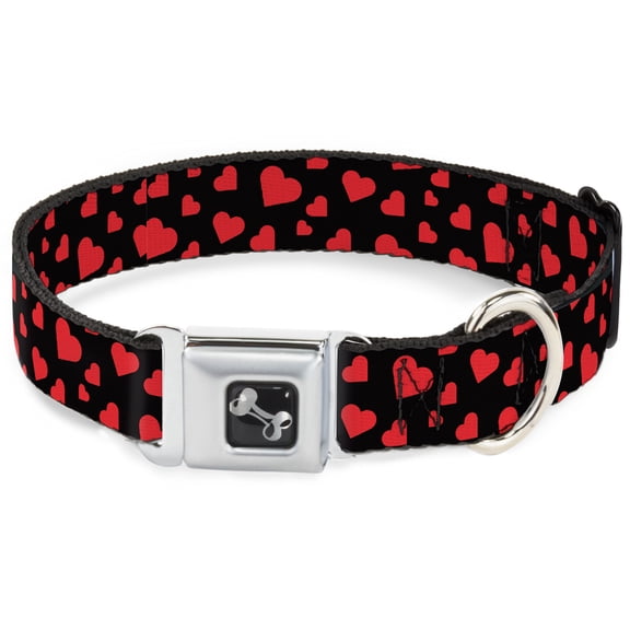 Buckle-Down Pet Collar, Dog Collar Metal Seatbelt Buckle, Hearts Scattered Black Red, 9.5 to 13 Inches 1.0 Inch Wide