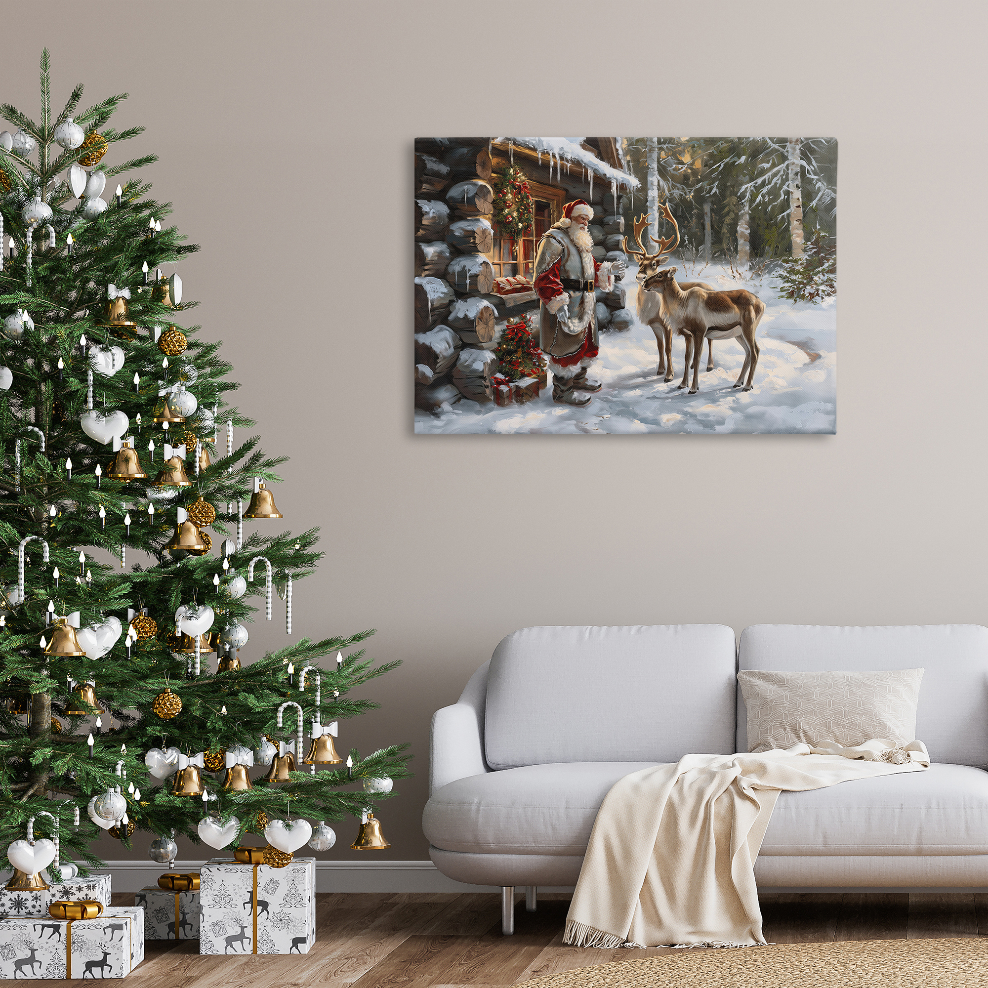 Stupell Industries Santa's Cabin with Reindeer Holiday Painting Gallery Wrapped Canvas Art Prints Wall Art, 45 x 30