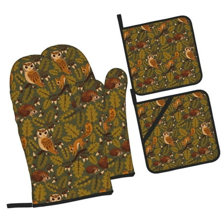 

Fotbe Autumn Leaves Owl Squirrel for 4Pcs Oven Mitts and Pot Holders 500℉ Heat Resistant Oven Mitts Non-Slip Silicone Surface Safe for Baking Cooking BBQ