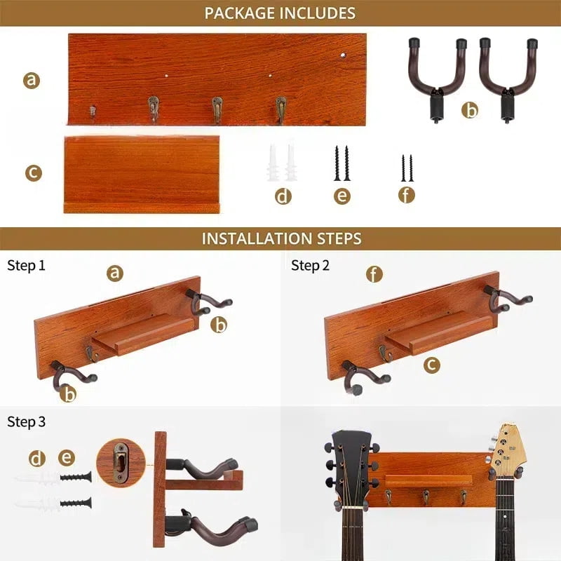 Guitar Wall Mount Hanger with Shelf and Pick Holder Rotatable Rubber Hooks Take 2 Guitars for Acoustic Electric Bass Violin Banjo Mandolin Ukulele