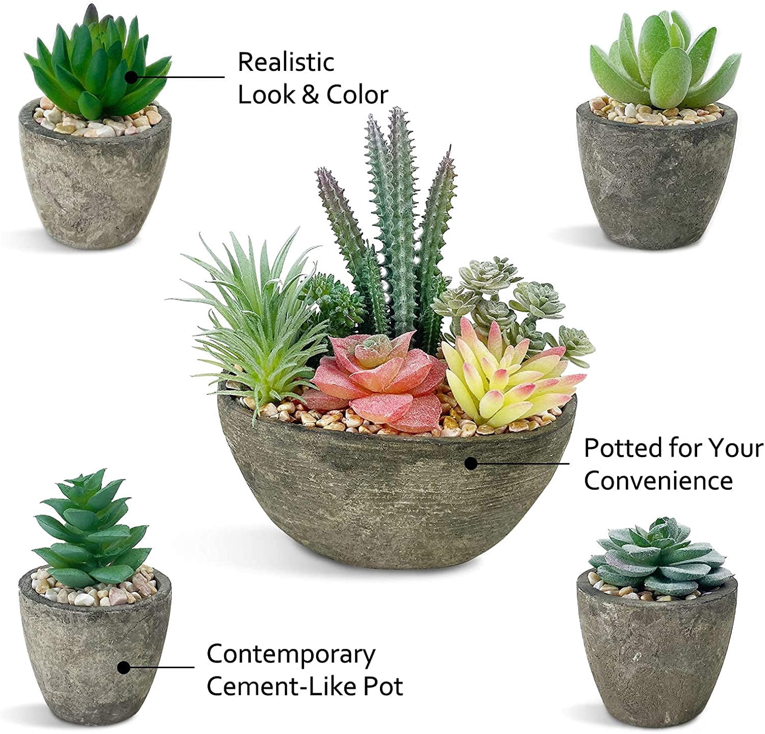 5 Pack Artificial Plant, Fake Succulent, Artificial Flowers with Cement like Pots for Home Office Decoration, Green