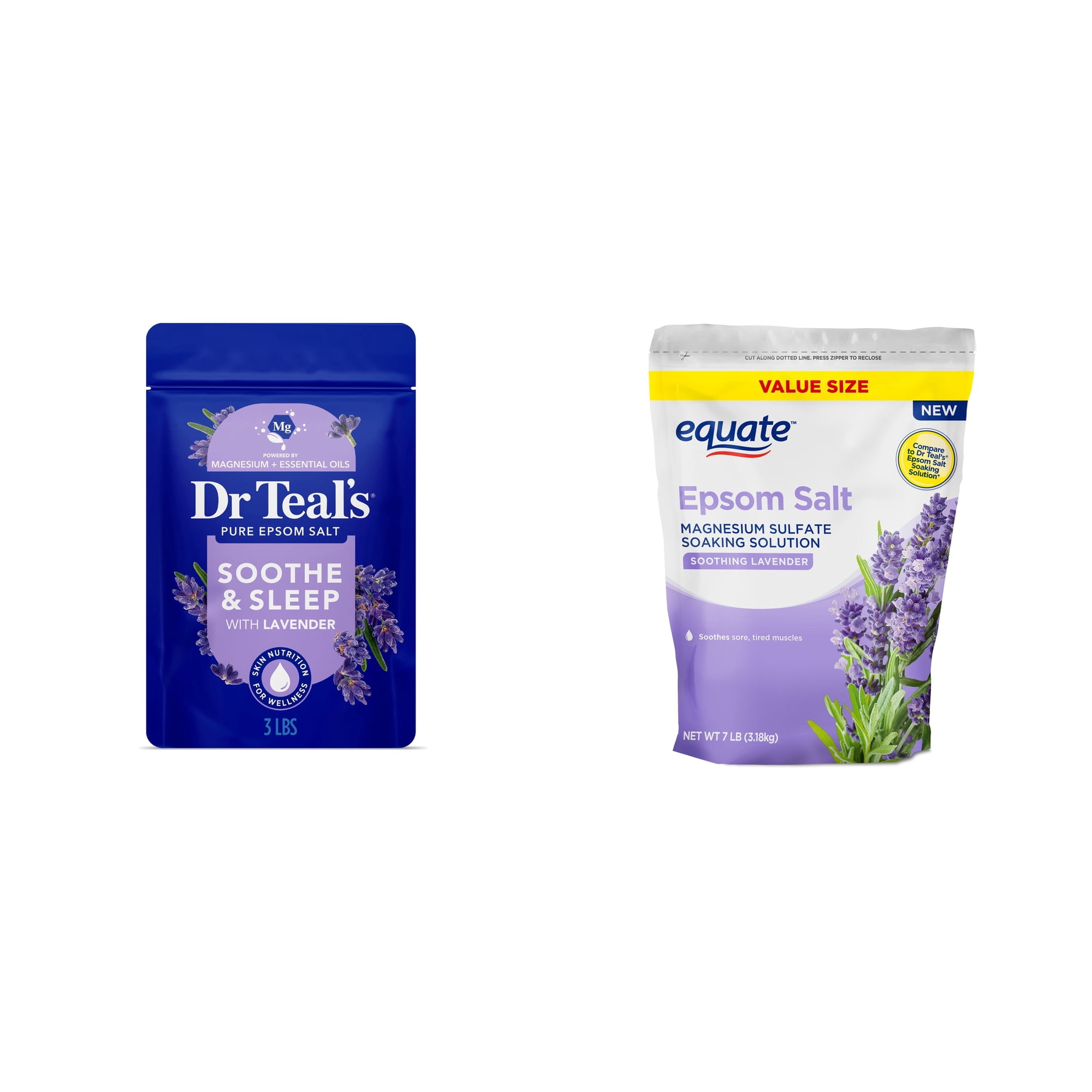 Dr Teal's Epsom Salt Magnesium Soak, Soothe & Sleep with Lavender, 3 lbs & Equate Epsom Salt Soaking Solution, Soothing Lavender, 7 lbs Bundle