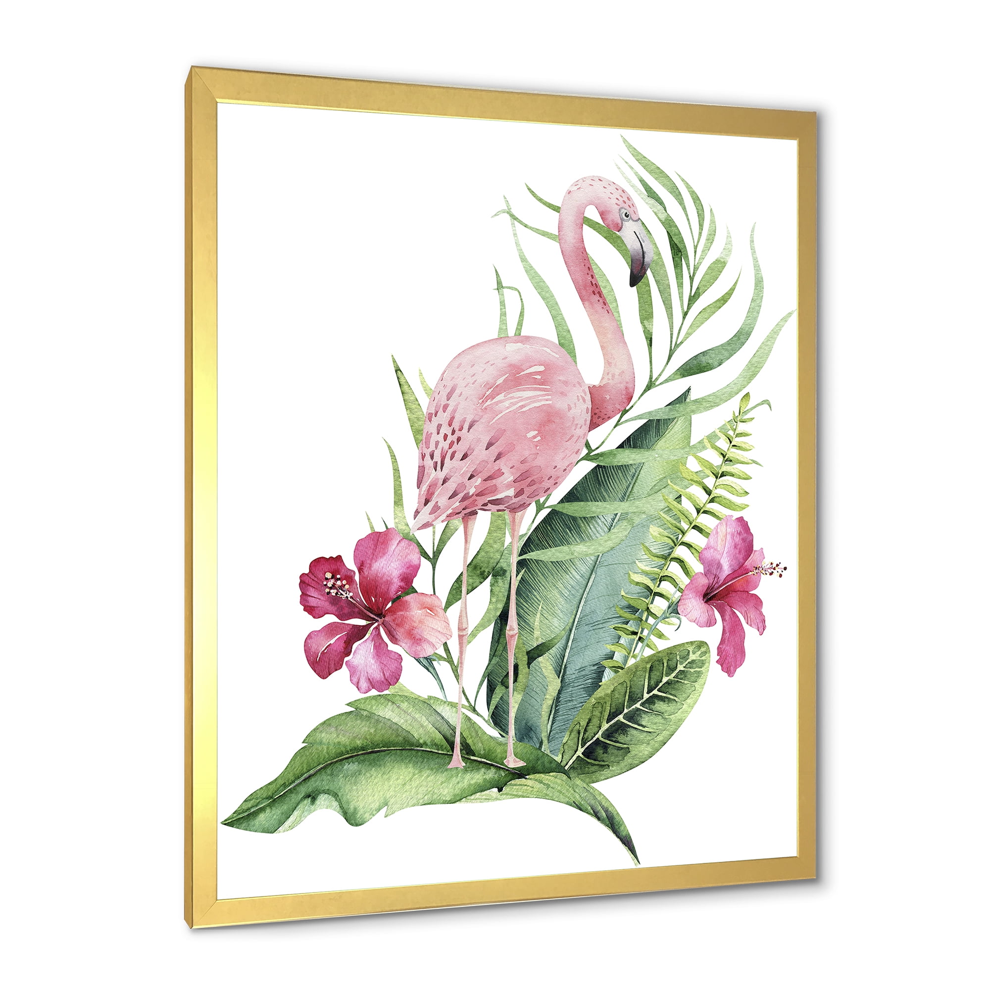 Designart 'Flamingo With Pink Flowers and Exotic Foliage' Traditional Framed Art Print
