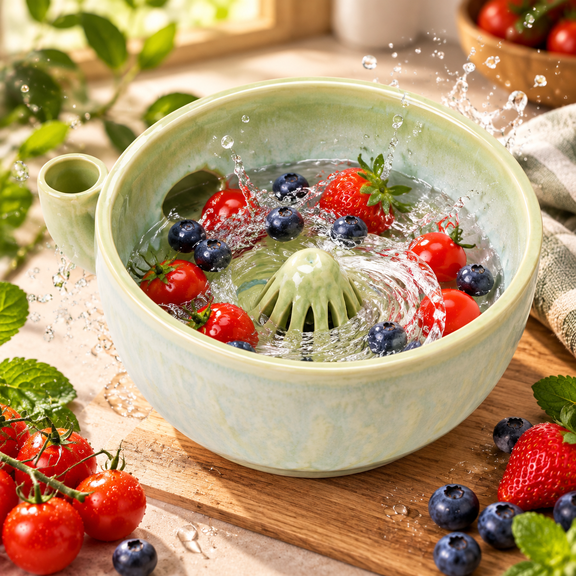 JWGIETK 1-Piece Ceramic Fruit Washer Bowl, Self-Spinning Colander with Drain Holes for Berries, Vegetables and Small Fruits