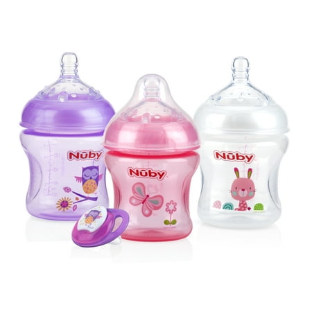 Nuby Natural Touch Tinted 3pk 6oz Bottles with Slow Flow Nipple, with Printed Pacifier, Girl