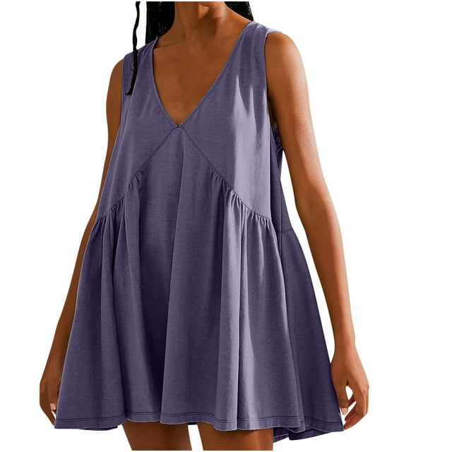 FAIWAD Robe Courte Sans Manches à Col en V pour Femme, Ample, d'Été, Plissée et Fluide, Robe de Tennis Athlétique