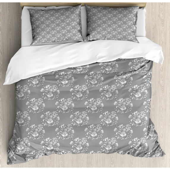 Vintage Duvet Cover Set King Size, Continuous Greyscale Pattern with Delicate Wild Flowers Pansy Floral Nostalgia, Decorative 3 Piece Bedding Set with 2 Pillow Shams, Grey and White, by Ambesonne
