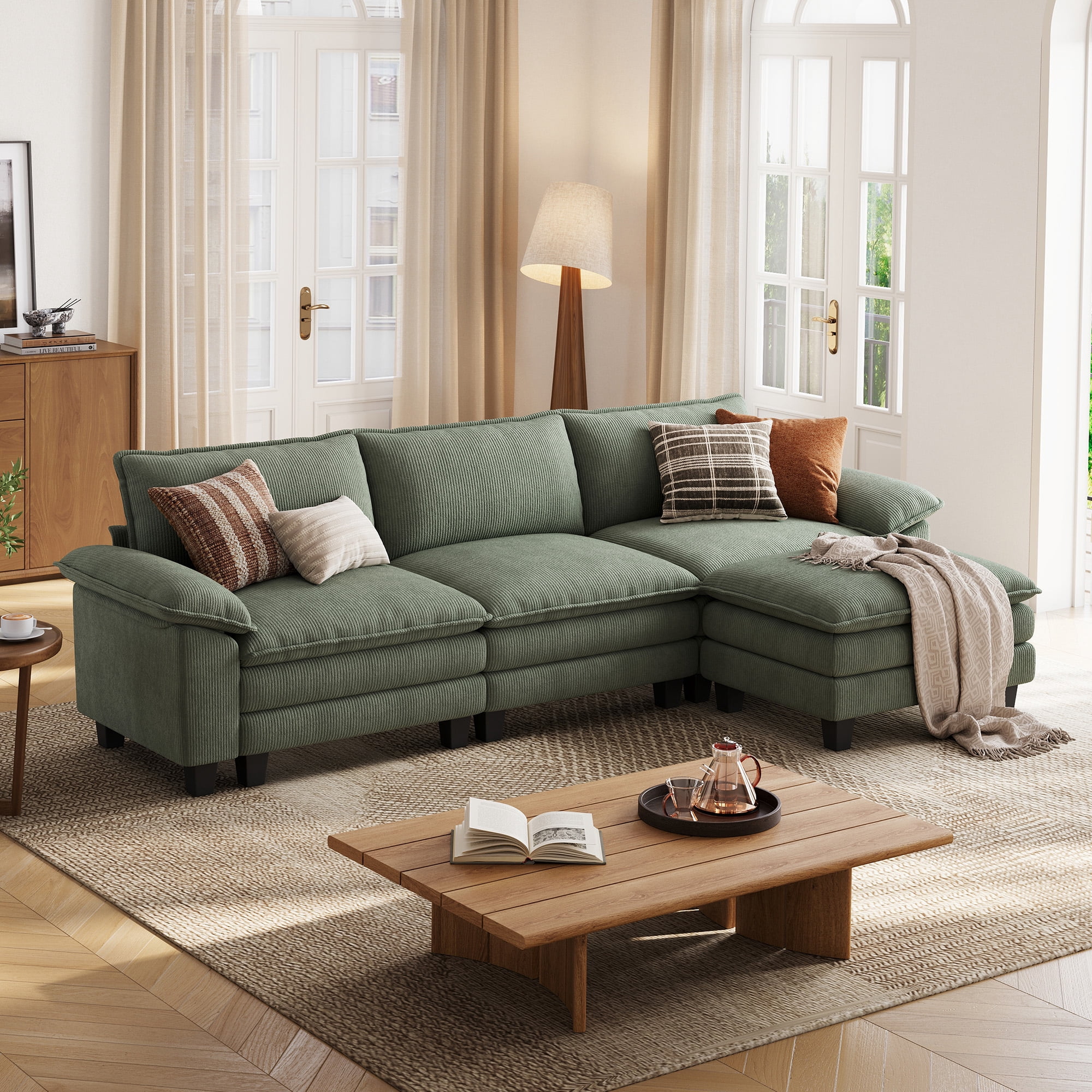 Linsy Home 123" Cloud Modular Sectional Sofa for Living Room, L-Shaped Cloud Sofa Couch with Corduroy Fabric, 3 Seat Oversized Couch with Movable Ottoman, Green