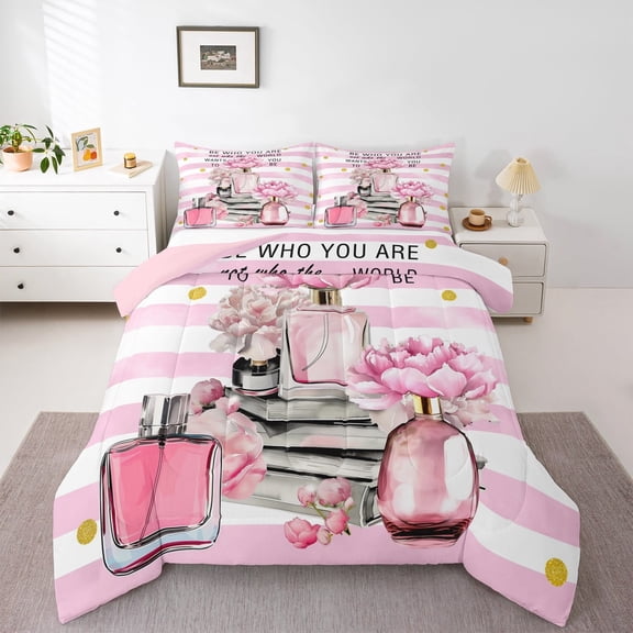Erosebridal Cosmetics Perfume Bedding King Comforter Set,Pink Flower Down Comforter,Geometric Stripes Bedding Sets King with Comforter For Girls,Super Cozy Room Decor Reversible,3 Pieces