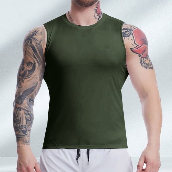 ZHOGXU Mens Tank Top Sleeveless Round Neck Solid Color Tight Base Fitness Training Running Quick Drying Basketball Vest For Daily Wear,Army Green,L