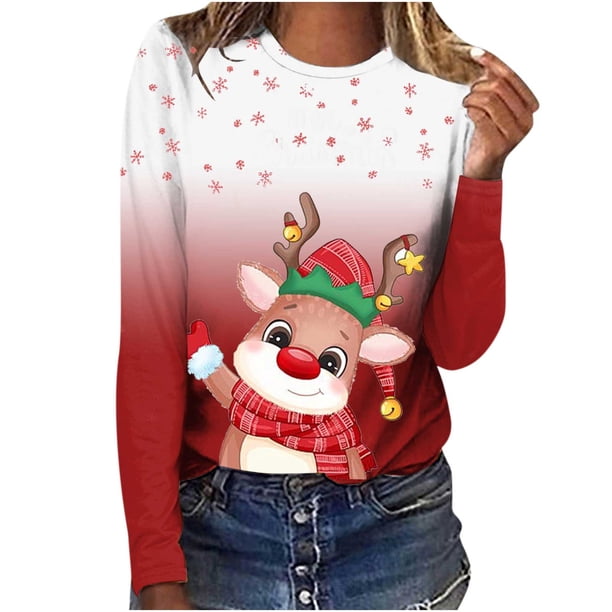 Camisas Navideñas Para Mujer Tops de Manga Larga Jersey de Cuello Redondo Informal Con Estampado de Ciervos en 3D Odeerbi ODB199801