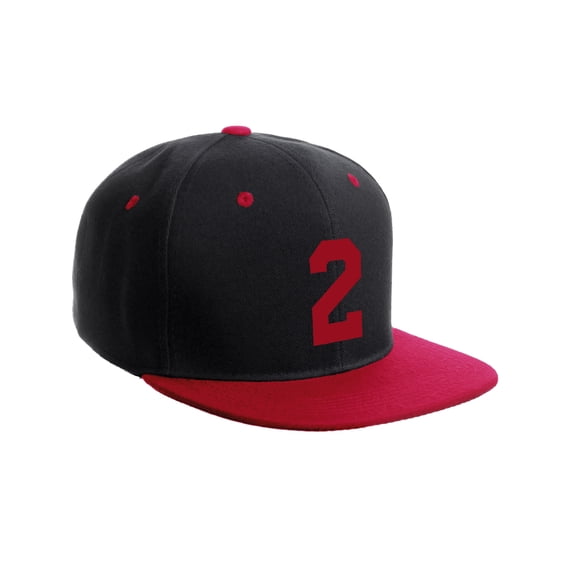 Classic Flat Bill Visor Snapback Hat Custom Color Player Team Numbers, Number 2 Red, Black Red Hat