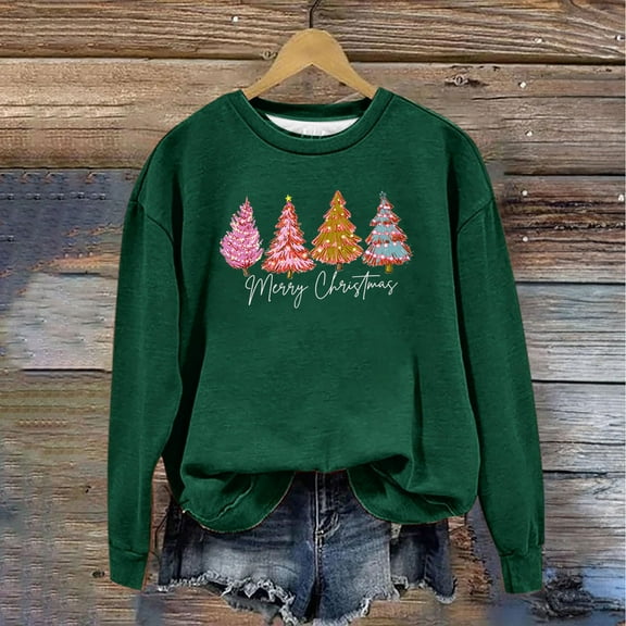pimelu Christmas Sweatshirt Clearance Merry Christmas Womens Crewneck Sweatshirts Ladies Trendy Christmas Tree Print Sweater Ladies Plus Size Long Sleeve Pullover Tops