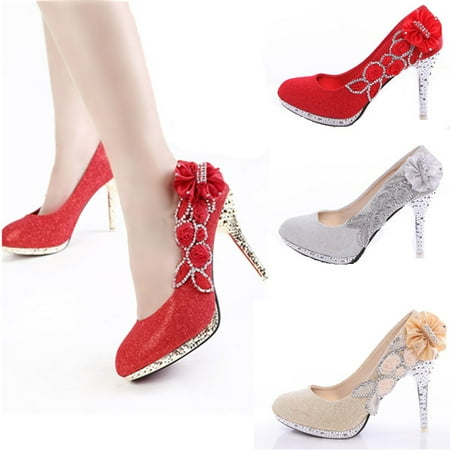 Fashion Women Glitter Vogue Lace Flowers Crystal High Heels Wedding Bridal Dancing Party (Best Shoes For Dancing At Wedding)