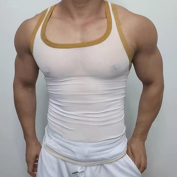 FRSASU Men's Sheer Mesh Compression Tank Tops Slimming Summer Sleeveless Gym Workout Tanks Shirts White